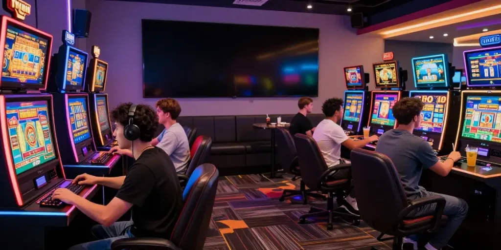 Engaging slot gaming lounge with diverse players interacting at vibrant machines and a live tournament screen.