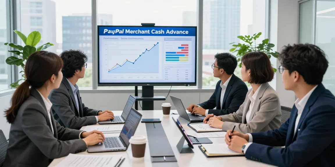 Business professionals discussing PayPal merchant cash advance strategy in a modern office.
