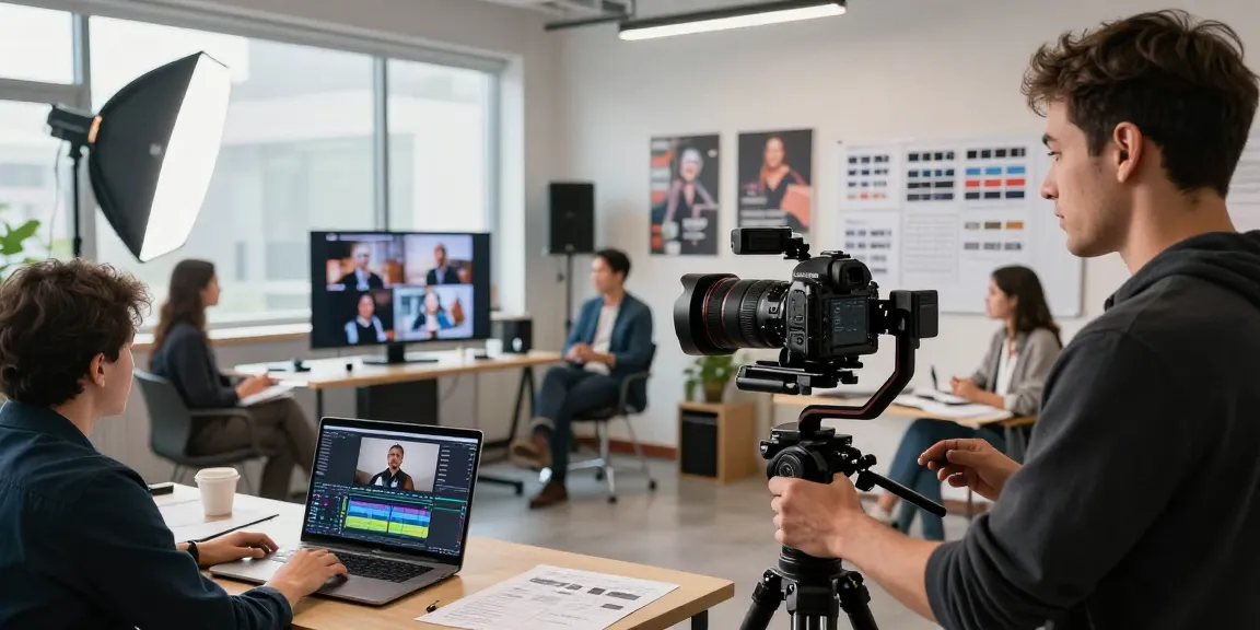 Captivating corporate videography services in Singapore showcasing a professional video production scene with a skilled team at work.