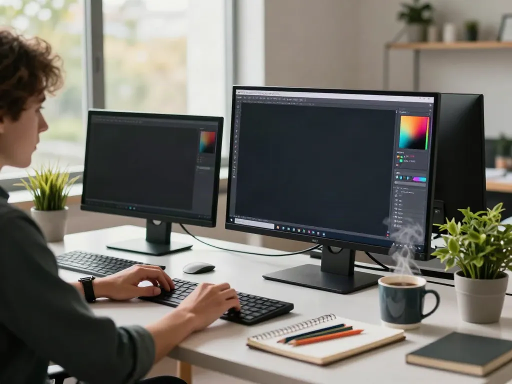 Designer using an image variation generator in a bright creative workspace.