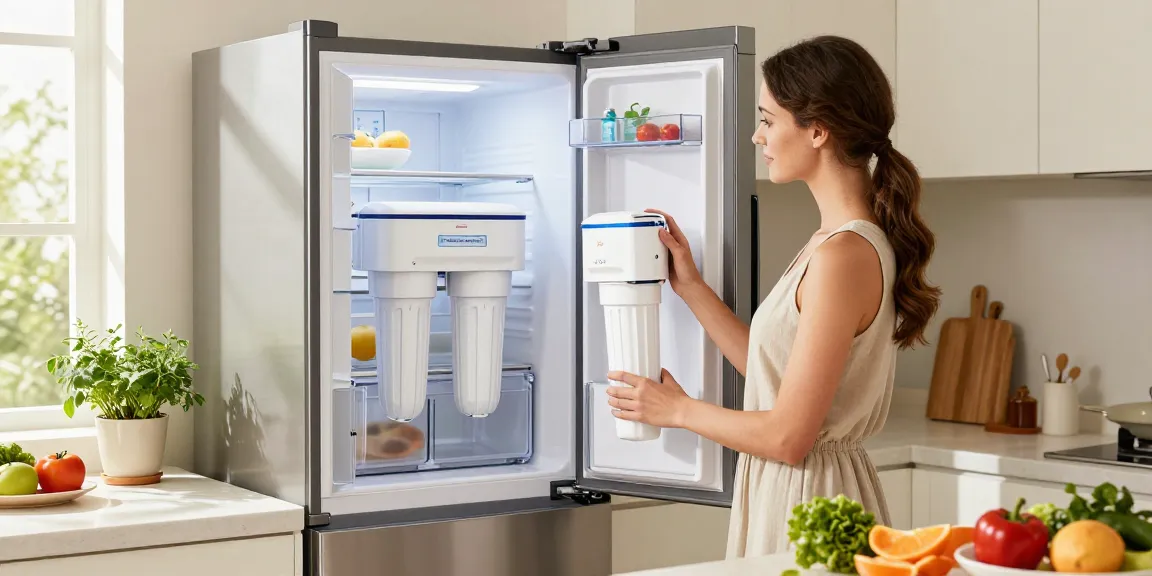 Overbest UKF8001 Replacement for EveryDrop by Whirlpool Refrigerator Water Filter 4 installation in a modern home kitchen.