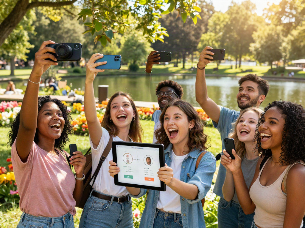Participants enjoying an attractive test in a sunny park, capturing selfies and sharing tips.
