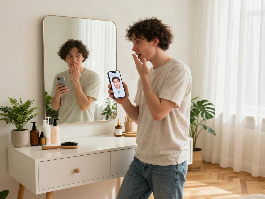 Person checking how old do I look with an app in a cozy room.
