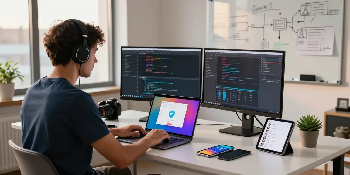 The workspace of a developer coding on the Telegram platform with vibrant displays and modern office decor, showcasing 纸飞机中文版 functionality.