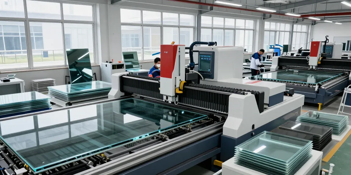 CNC glass cutting machine in a modern glass processing facility with technicians operating machinery efficiently