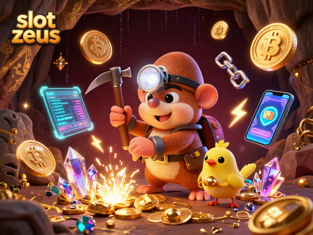 Experience the excitement of slot zeus with vibrant characters mining riches amidst glowing gems and crypto elements.