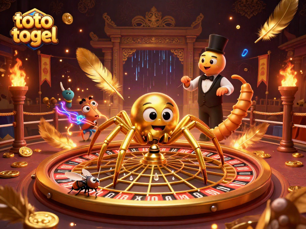 Place your bets with toto togel in this vibrant 3D scene featuring a golden spider and fly.