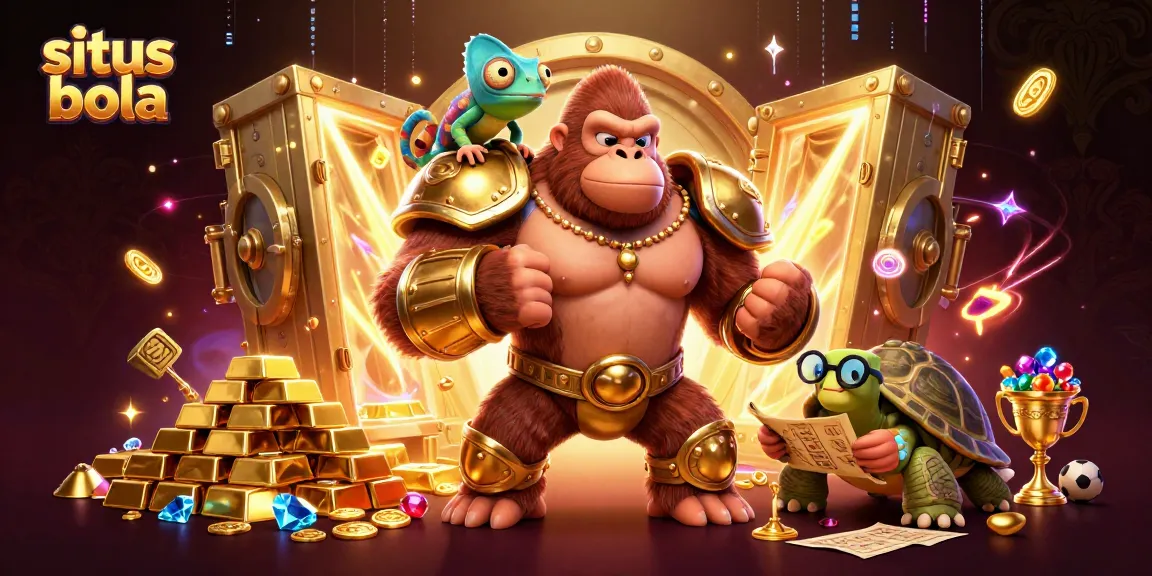 Situs bola showcases a powerful gorilla king and companions in a rich, vibrant gambling-themed illustration.