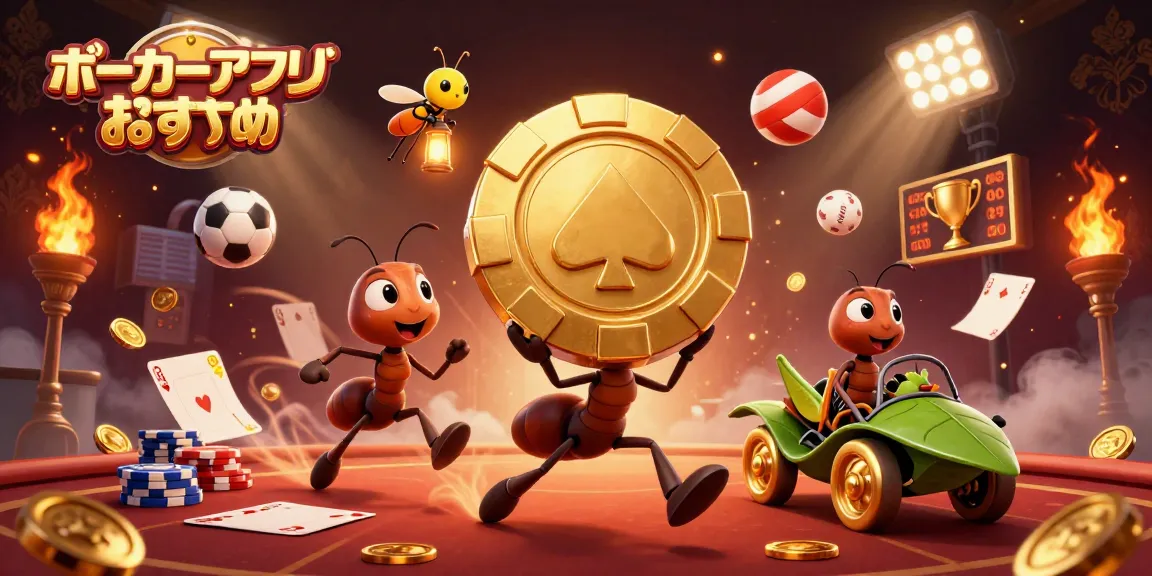 ポーカーアプリおすすめで、大きな金のポーカーチップを運ぶ蟻のチームが冒険する様子。