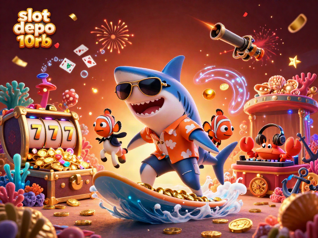 Play slot depo 10rb with animated characters amid a vibrant casino-themed scene.