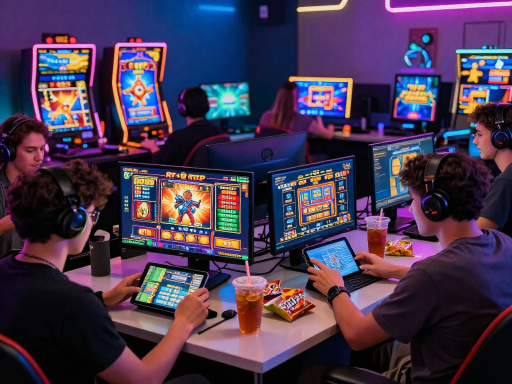 Exciting pasaran togel online gaming scene with players engaged in various games, showcasing vibrant graphics and thrilling atmosphere.