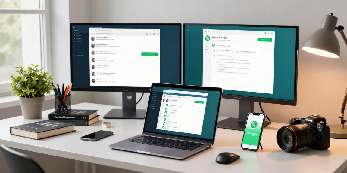 Using WhatsApp網頁版 on a sleek laptop in a modern workspace.