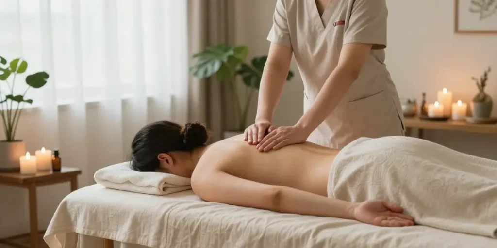 Relaxing 수원출장마사지 session with professional therapist in a serene home environment.