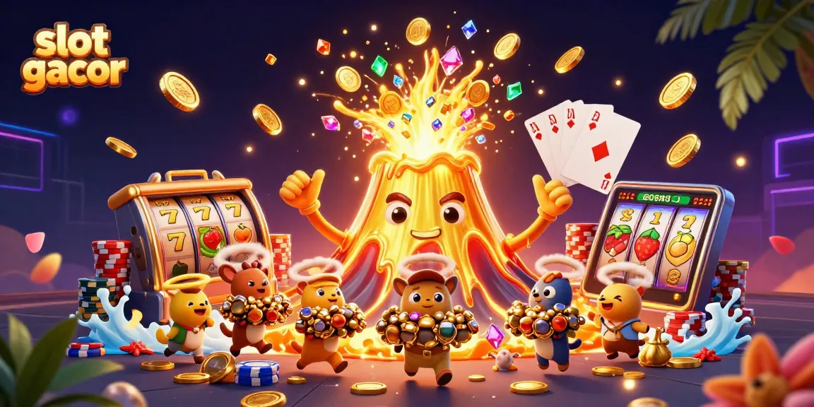 Experience thrilling slot gacor action with a dynamic illustration of a golden volcano erupting coins and treasure!