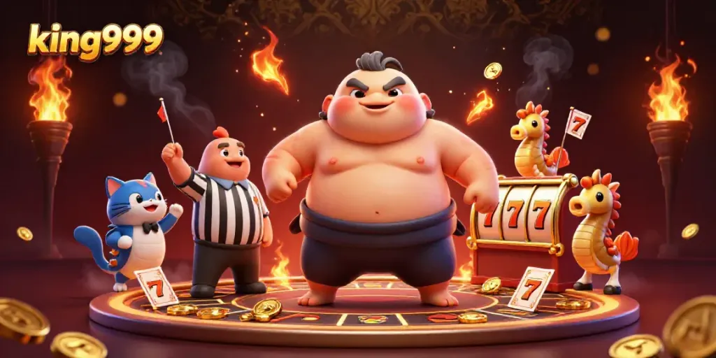 Permainan slot seru di king999 dengan fugu dan ikan lele sebagai wasit, meriah dan penuh kegembiraan.