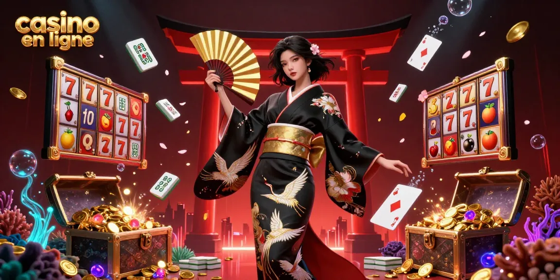 Découvrez l'excitation du casino en ligne avec une illustration saisissante d'une femme asiatique gracieuse dans un kimono vibrant, entourée par l'excitation des jeux de machines à sous.