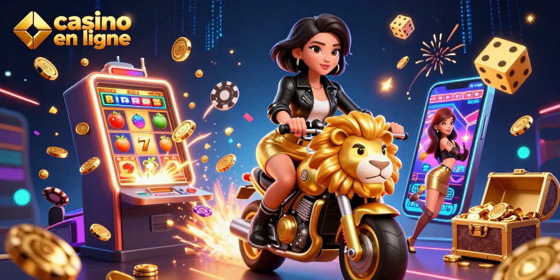 Engagez-vous avec une action captivante de casino en ligne mettant en vedette une femme asiatique glamour sur une mascotte de lion doré au milieu d'une explosion de jeux virtuels.
