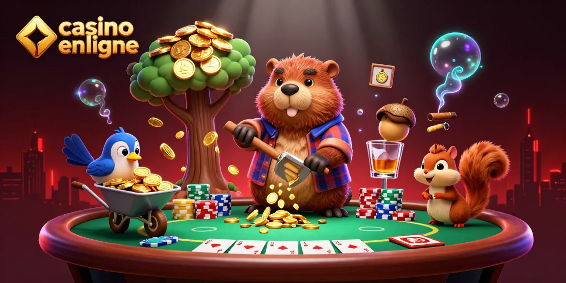 Jouez au casino en ligne avec des personnages colorés au milieu d'une richesse de pièces d'or et d'éléments de poker.