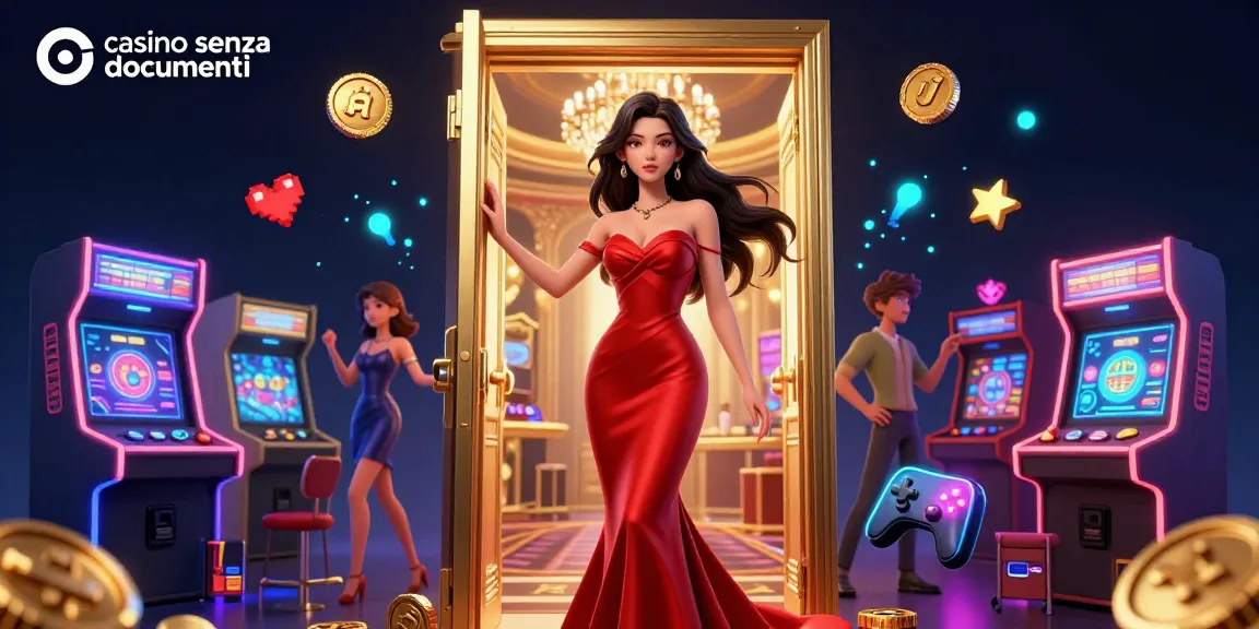 Casino senza documenti: Una straordinaria donna asiatica in un abito rosso accoglie i giocatori in un vivace casinò VIP.