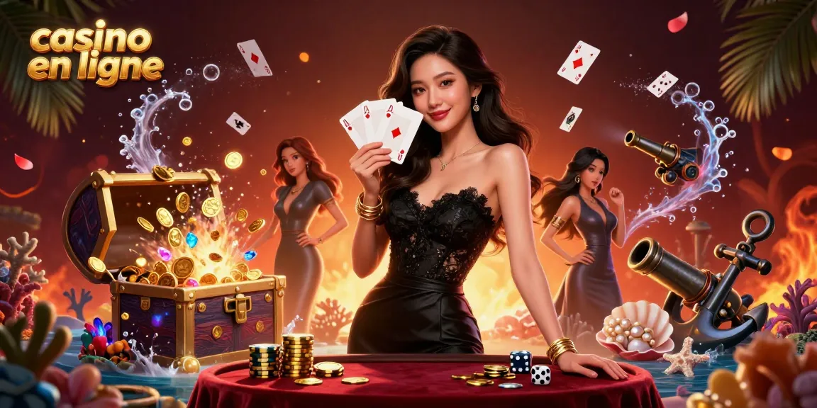 Jouez au casino en ligne avec enthousiasme, mettant en vedette une femme asiatique glamour tenant des cartes à jouer entourée d'éléments de casino vibrants.