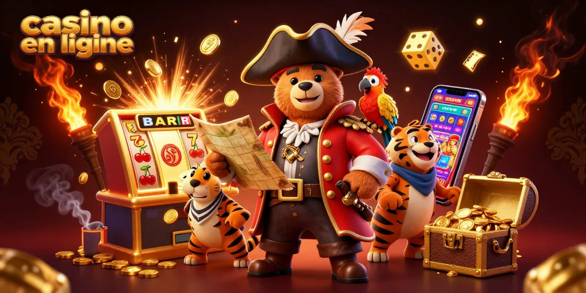 Découvrez l'excitation du casino en ligne avec des éléments thématiques de pirate, d'ours, de tigre et de trésor.