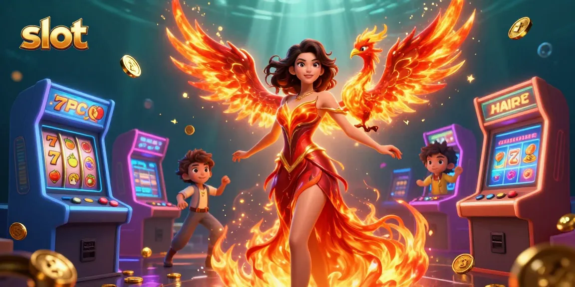 Experience thrilling slot action with a vibrant Asian woman in a fiery gown, surrounded by colorful game elements.