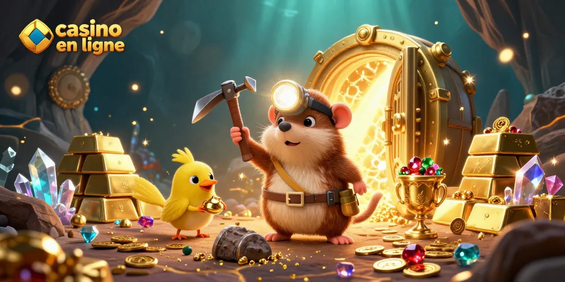 Jeux de casino en ligne : un voyage palpitant avec un rat de cave et un canari, entouré de trésors scintillants.