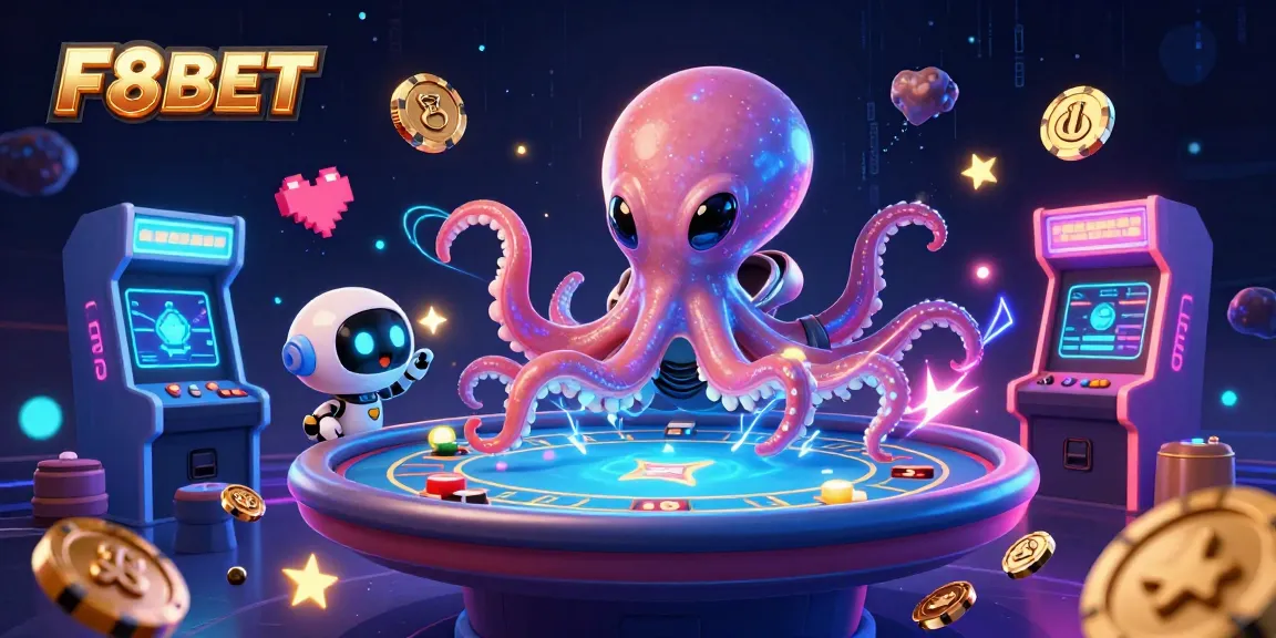 Experience the thrill of F8BET with an alien octopus playing poker in a vibrant casino scene