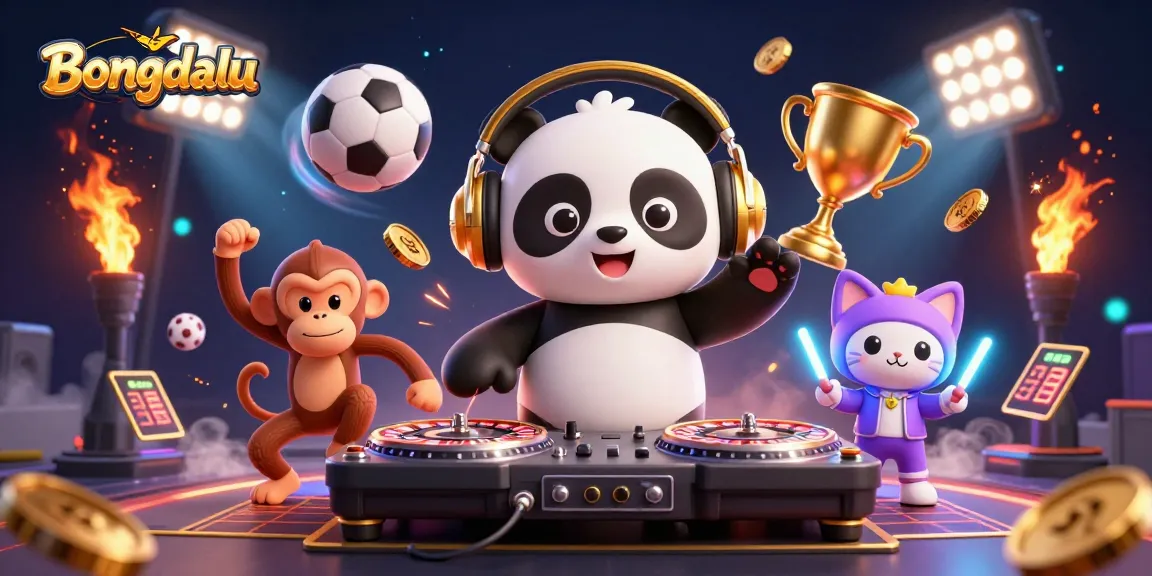 Experience thrilling sports betting with Bongdalu's vibrant illustration of a DJ panda and dynamic characters.