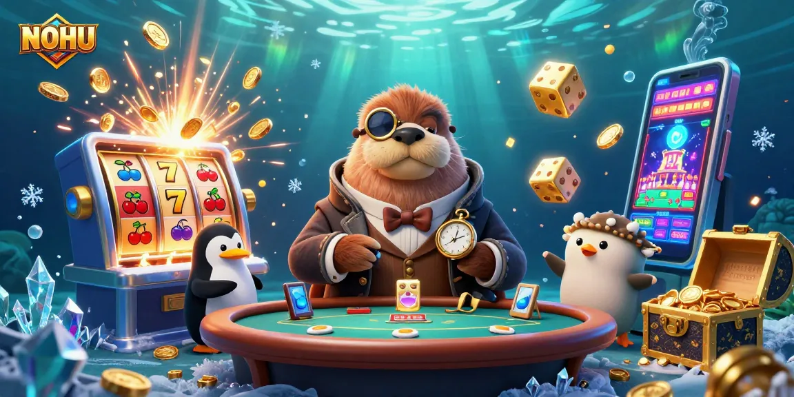 Join the jolly walrus at the NOHU poker table in a vibrant underwater casino scene.