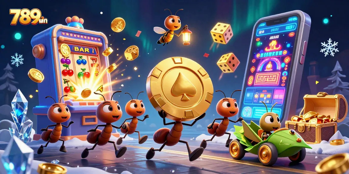 Engage with 789win's vibrant gambling scene featuring ants on a heist amidst a jackpot explosion.