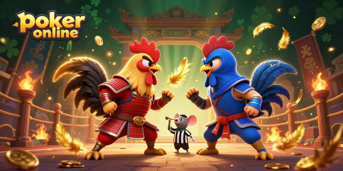 Jouez au poker en ligne avec des poulets combattants dans une scène dynamique.
