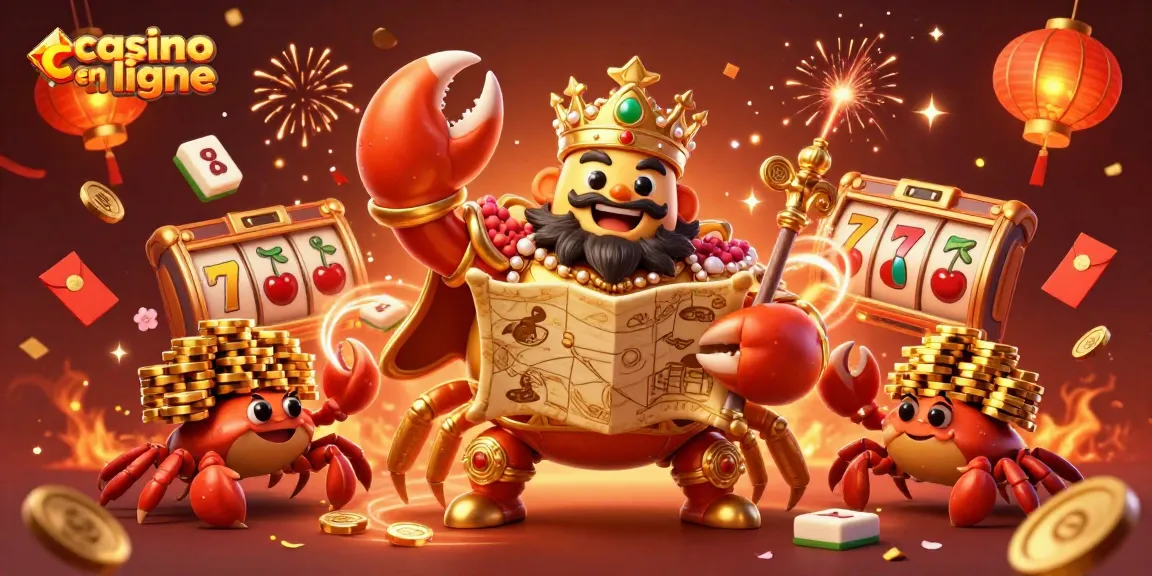Jouez au casino en ligne avec le crabe en or et les jetons en or, ambiance festive.