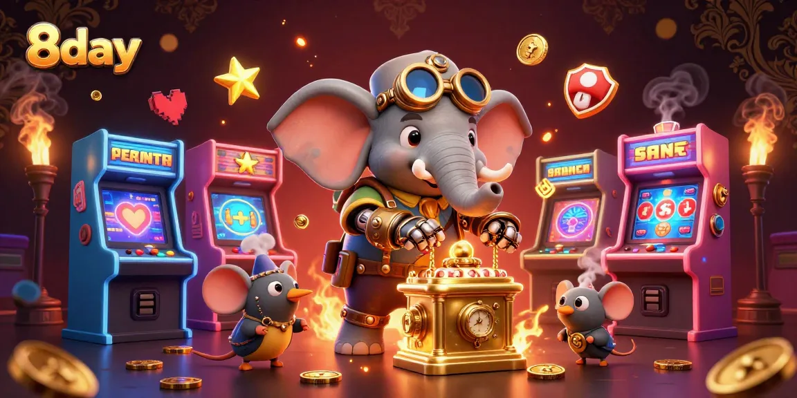 Engage with thrilling games at 8day as a smiling steampunk elephant operates a golden slot machine in a vibrant arcade.