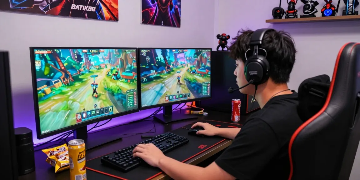 BATIK88: Pemain dalam sesi bermain game online yang seru dengan suasana penuh semangat dan peralatan gaming modern.