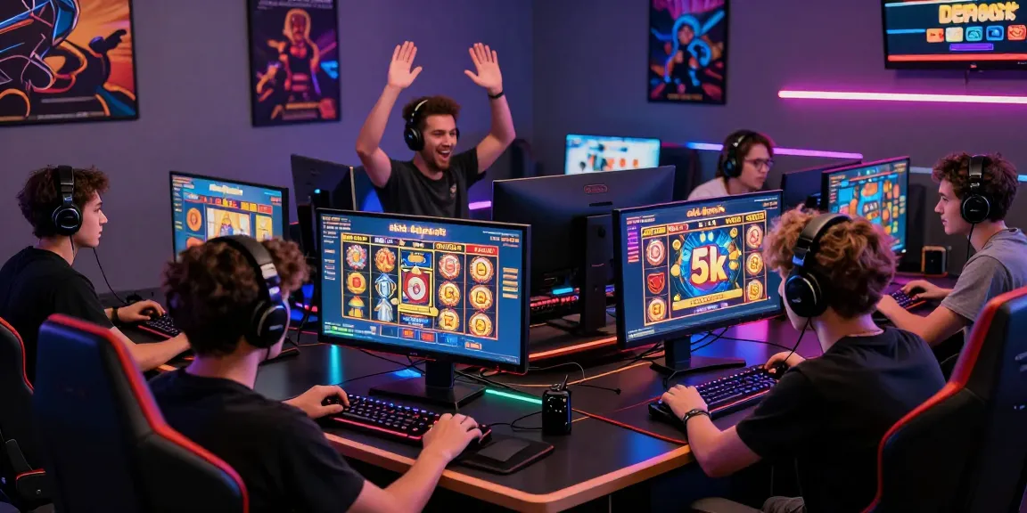 Players engaging with the exciting slot deposit 5k gaming setup, celebrating wins and enjoying the vibrant virtual environment.