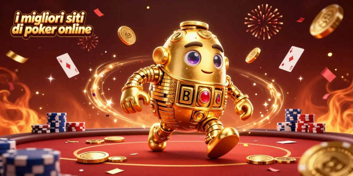 Scopri i migliori siti di poker online in un'illustrazione di alta qualità con un golem d'oro e tavoli da poker.