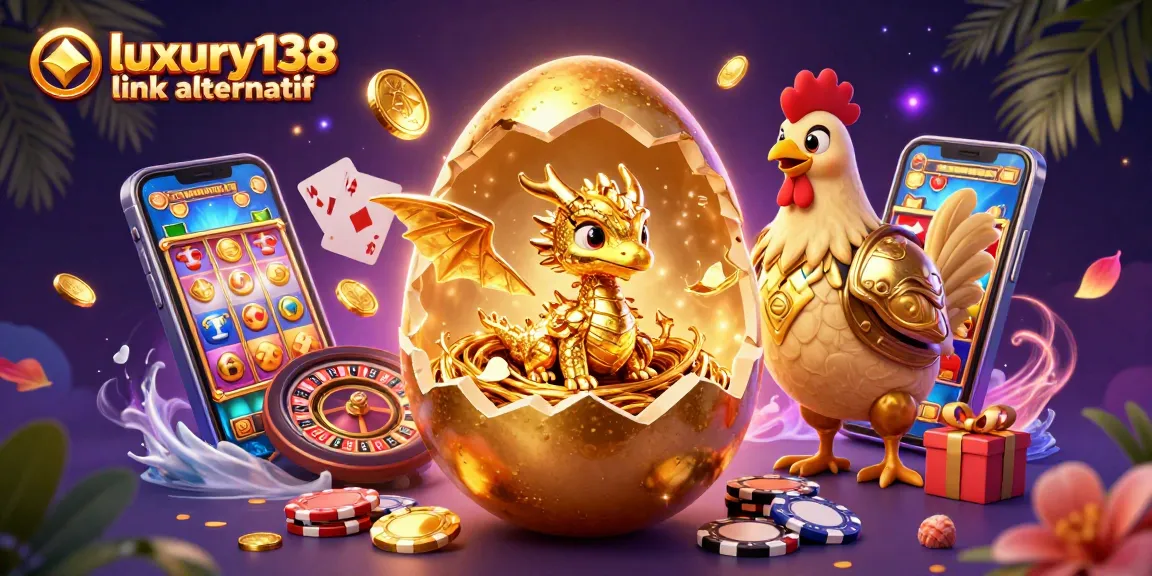 Engage with luxury138 link alternatif through a vibrant casino scene featuring a golden egg and dragon.