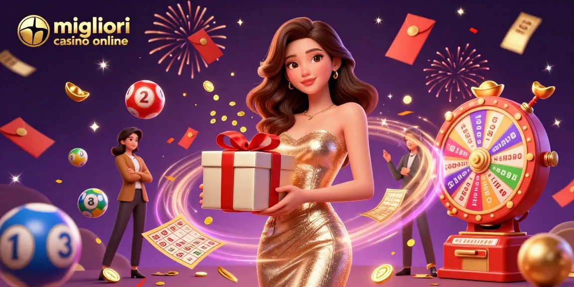 Interagisci con il panorama dei migliori casino online attraverso un'illustrazione 3D vivace di elementi festivi da casinò e personaggi affascinanti.