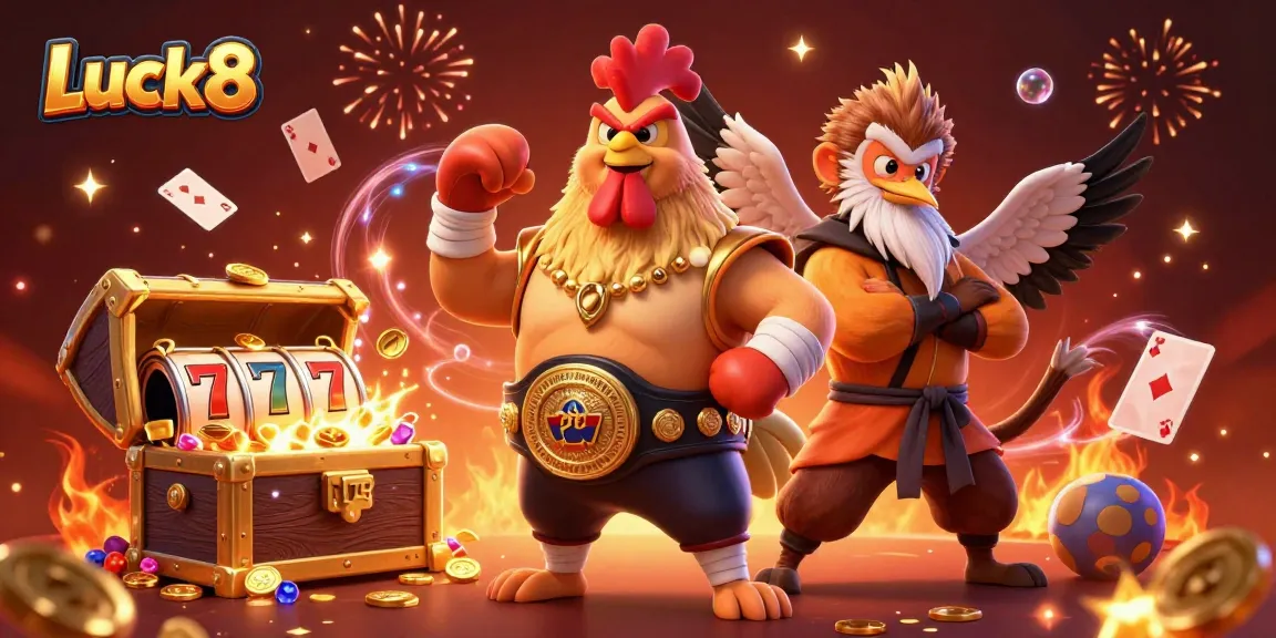 Experience thrilling wins with Luck8's vibrant casino illustration featuring 3D characters and slot reels.