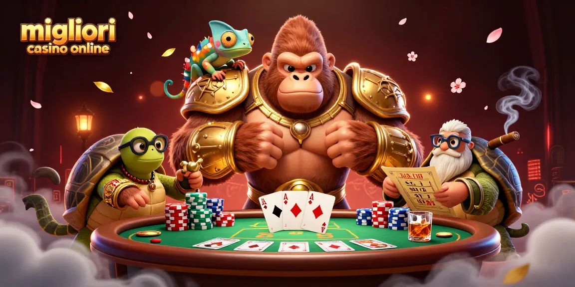 Esplora i migliori casino online con un epico scontro di poker e personaggi vivaci.