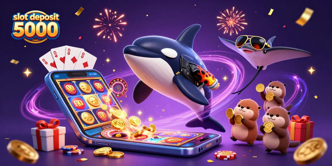 Slot deposit 5000 menawarkan keseruan, kemenangan menggunakan smartphone dan simbol slot berwarna-warni.