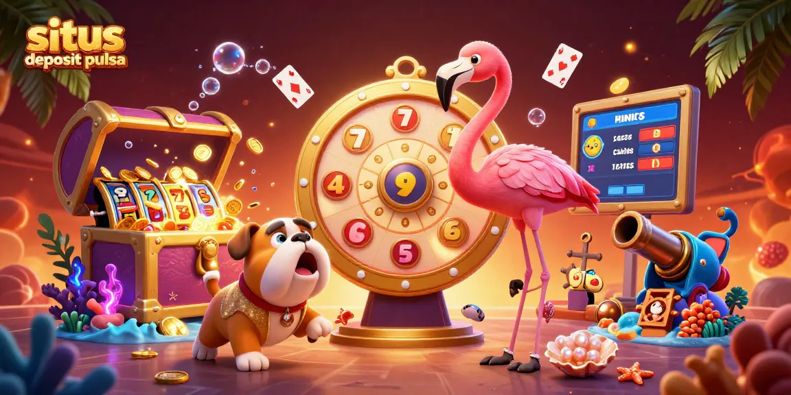 Situs deposit pulsa showcases a thrilling gaming scene with cartoon characters and vibrant slot elements.