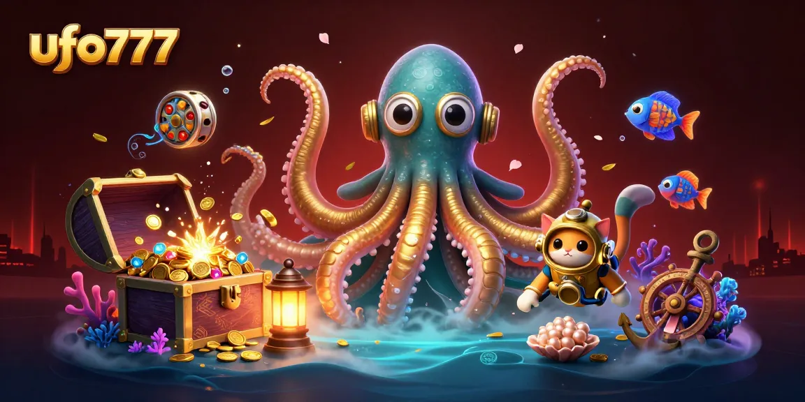 Spin and win with ufo777, featuring an epic kraken and treasure-filled gambling adventure illustration.