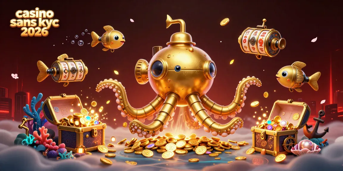Découvrez les casinos sans KYC 2026 avec un kraken doré entouré de trésors et de jeux d'argent.