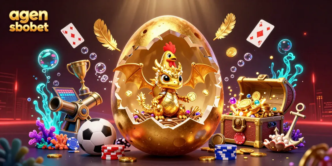 Bets come alive with agen sbobet’s dazzling golden dragon amidst poker chips and sports elements.