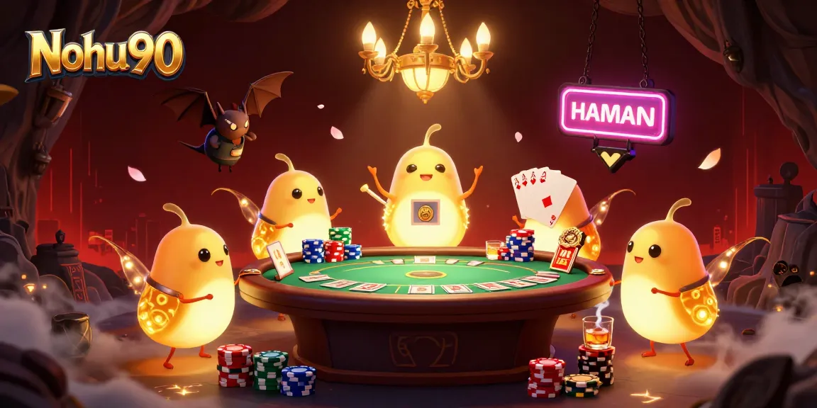 Nohu90 offers thrilling casino action with vibrant glowworm characters lighting up a dynamic poker scene.