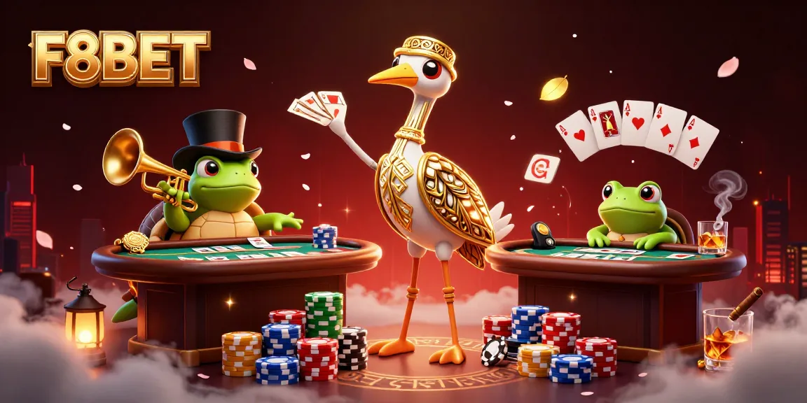 Experience excitement at F8BET with the lively casino scene featuring colorful poker chips and dynamic characters.