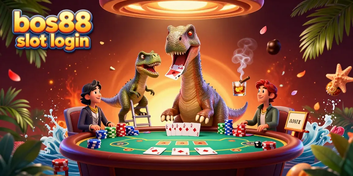 Experience excitement with bos88 slot login featuring a unique dinosaur-themed poker table amidst colorful gambling elements.