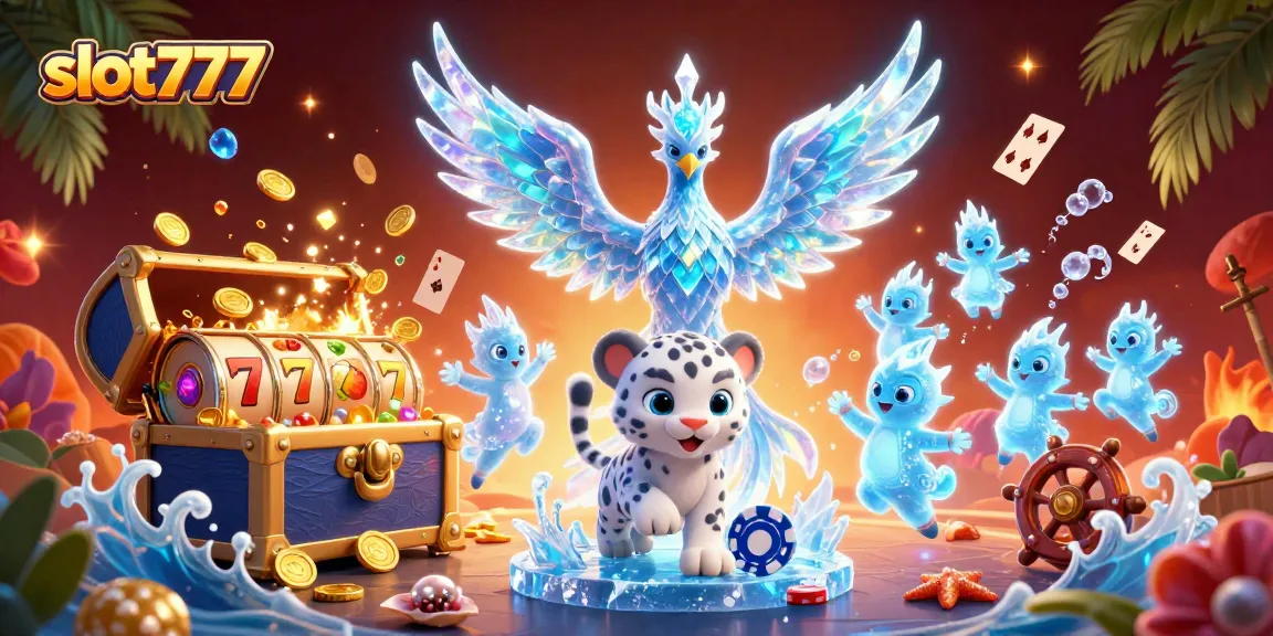 Engage with slot777 through vibrant gaming scenes featuring an ice phoenix and dynamic slot elements.